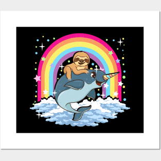 Cute Sloth Riding Narwhal The Unicorn Of The Sea Posters and Art